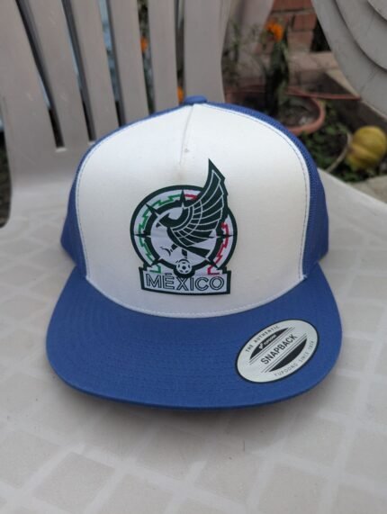 Mexico National Team heritage snapback trucker hat with embroidered crest, white front panel, and blue mesh back.